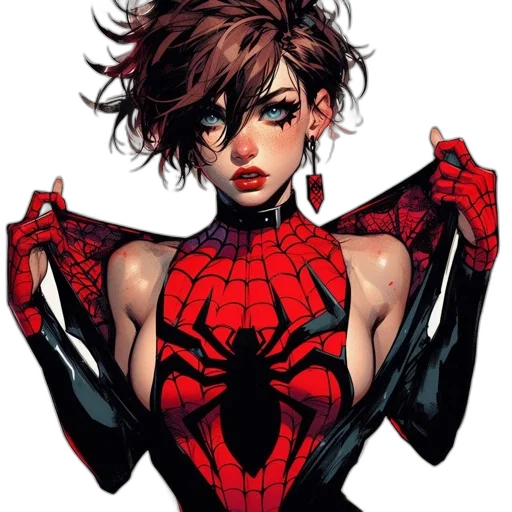 comic book art, concept art, cartoon, pixel art, woman, dressed, spider-themed, costume transparent PNG cut-out