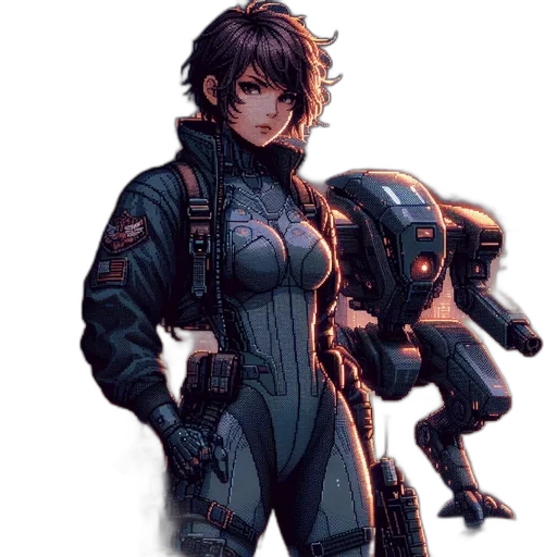 jacket, robot, weapon, creature, concept art, cyberpunk, pixel art, comic book art transparent PNG cut-out