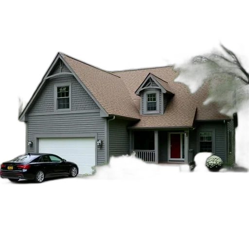 car, building, 3d render, photorealistic, concept art, fog, two-story, house transparent PNG cut-out