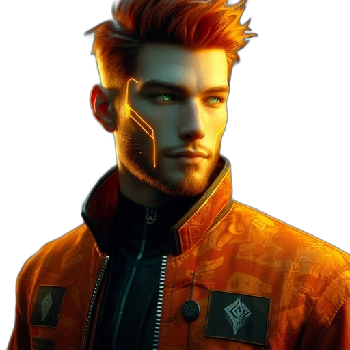 jacket, face, robot, staff, cyberpunk, concept art, fantasy art, comic book art transparent PNG cut-out