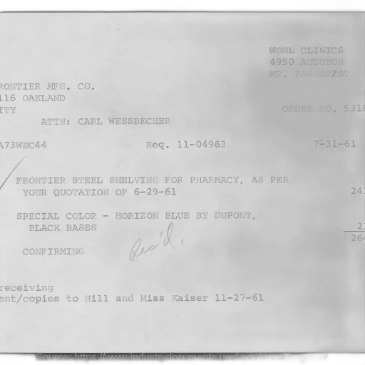 receipt, wohl, clinics, frontier, mfg, dated, 11-27-61 transparent PNG cut-out