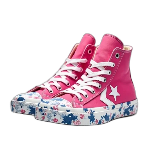 shoes, pair, pink, high-top, sneakers, white, laces, blue transparent PNG cut-out
