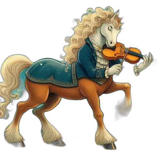 concept art, fantasy art, watercolor, cartoon, unicorn, human, play, musical transparent PNG cut-out