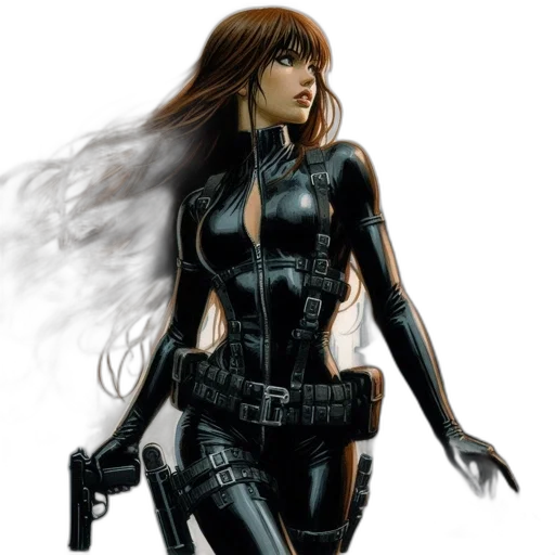 weapon, comic book art, concept art, photorealistic, fantasy art, woman, long, brown transparent PNG cut-out