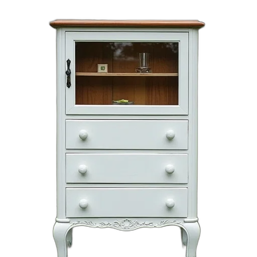 furniture, 3d render, photorealistic, pastel, white, vintage-style, dresser, glass transparent PNG cut-out