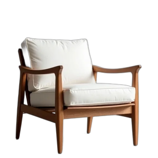furniture, 3d render, sleek, modern, chair, white, cushion, wooden transparent PNG cut-out