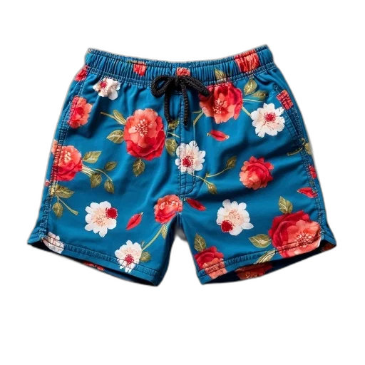 pair, blue, shorts, floral, pattern, featuring, red, white transparent PNG cut-out