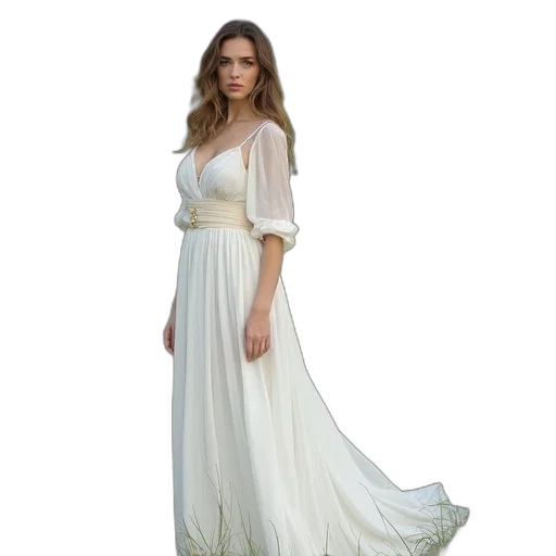 dress, photorealistic, concept art, woman, long, flowing, white, belt transparent PNG cut-out