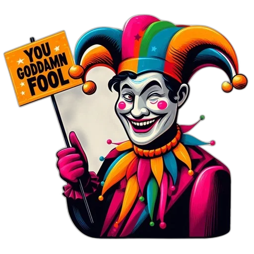 face, mask, vibrantly, dressed, cartoon-like, clown, holds, sign transparent PNG cut-out