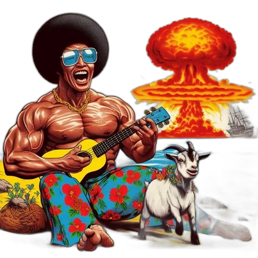 weapon, concept art, comic book art, beach, muscular, man, plays, ukulele transparent PNG cut-out