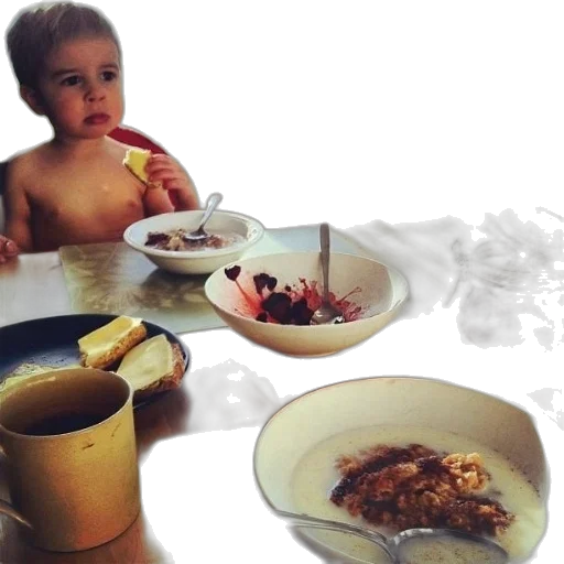 food, photorealistic, child, sits, table, bowls, cup, coffee transparent PNG cut-out