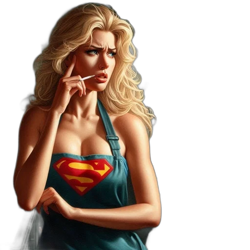 comic book art, photorealistic, fantasy art, oil painting, woman, superman, apron, smokes transparent PNG cut-out