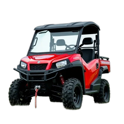 car, weapon, red, black, atv, parked, grassy, field transparent PNG cut-out
