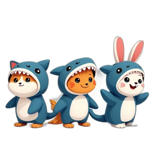 3d render, concept art, cartoon, blue, line, animals, dressed, sharks transparent PNG cut-out