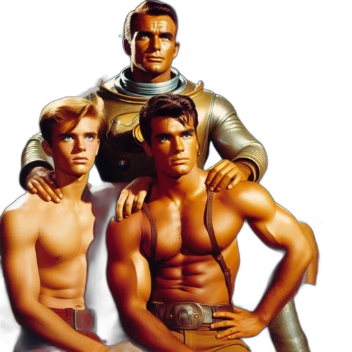 concept art, comic book art, fantasy art, outer space, five, male, figures, including transparent PNG cut-out