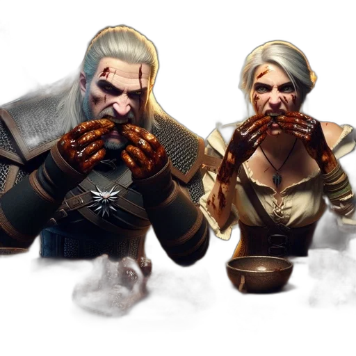 concept art, fantasy art, comic book art, 3d render, fire, golden, geralt, ciri transparent PNG cut-out