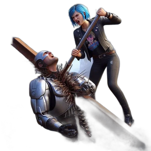 sword, staff, jacket, hair, concept art, 3d render, fantasy art, cyberpunk transparent PNG cut-out