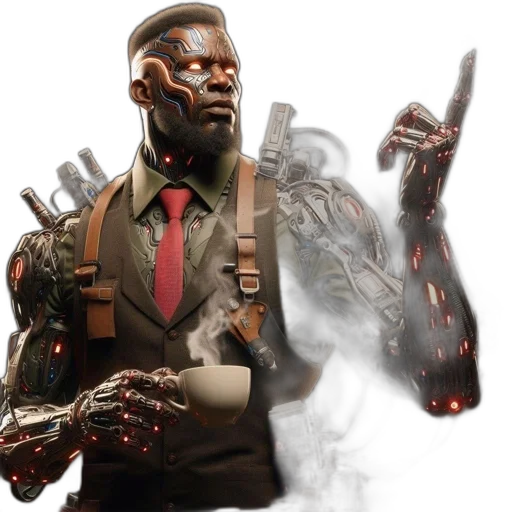 staff, weapon, robot, concept art, cyberpunk, comic book art, dark, man transparent PNG cut-out