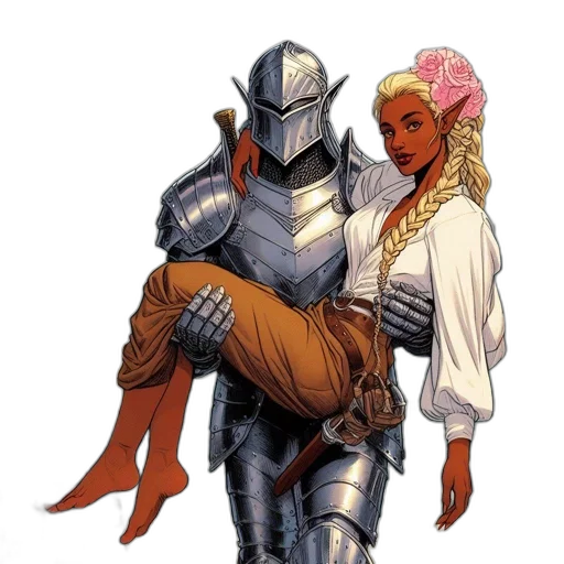 robot, comic book art, concept art, fantasy art, earth tones, knight, embraces, woman transparent PNG cut-out