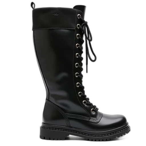 shoes, photorealistic, black, knee-high, lace-up, winter, boot, round transparent PNG cut-out