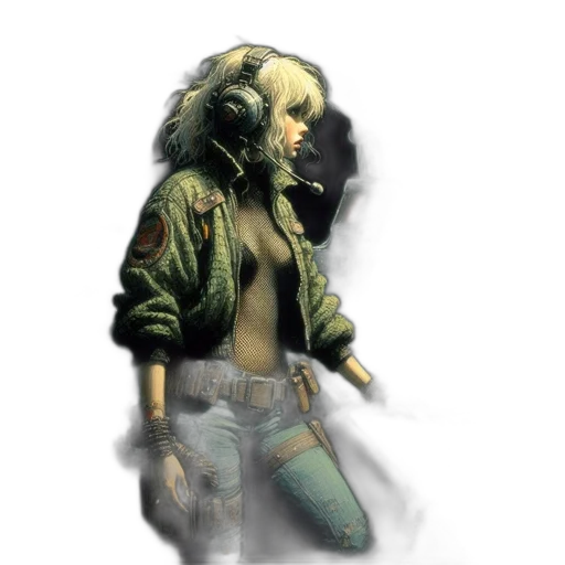 jacket, weapon, concept art, comic book art, cyberpunk, photorealistic, green, earth tones transparent PNG cut-out
