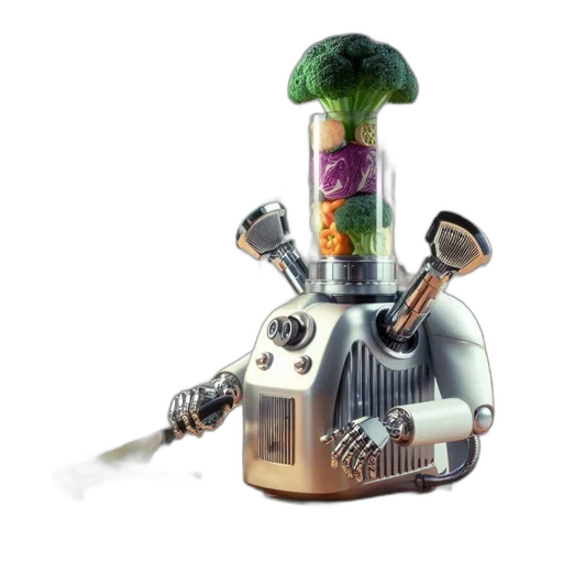 robot, food, weapon, staff, concept art, 3d render, pixel art, photorealistic transparent PNG cut-out