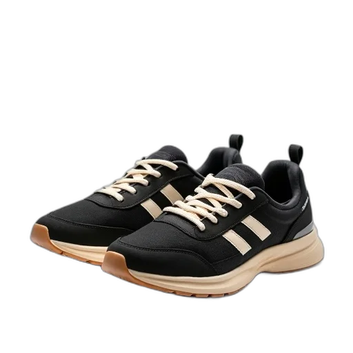 shoes, pair, black, beige, athletic, white, laces, displayed transparent PNG cut-out