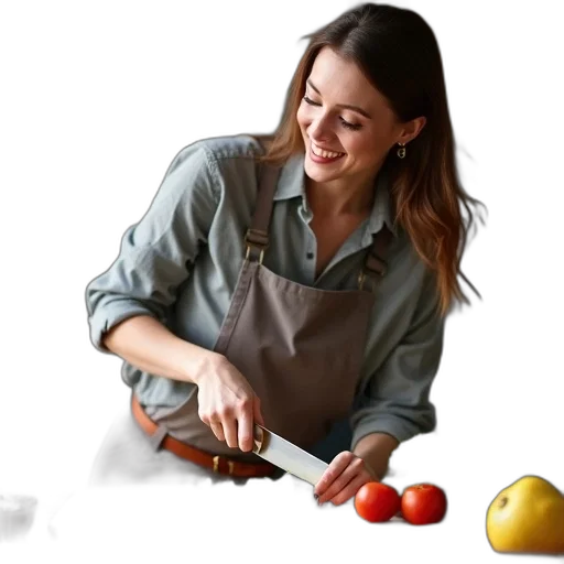 food, staff, photorealistic, oil painting, concept art, watercolor, woman, smiling transparent PNG cut-out