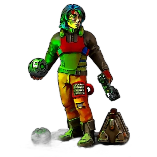 concept art, comic book art, fantasy art, pixel art, outer space, green, blue-haired, character transparent PNG cut-out