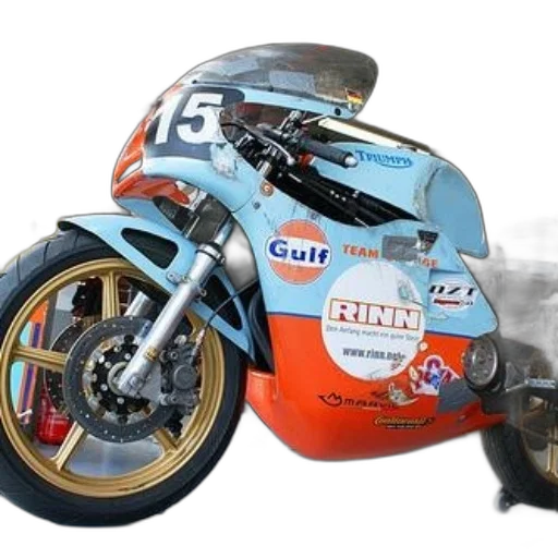 photorealistic, 3d render, concept art, vintage, motorcycle, gulf, rinn, decals transparent PNG cut-out