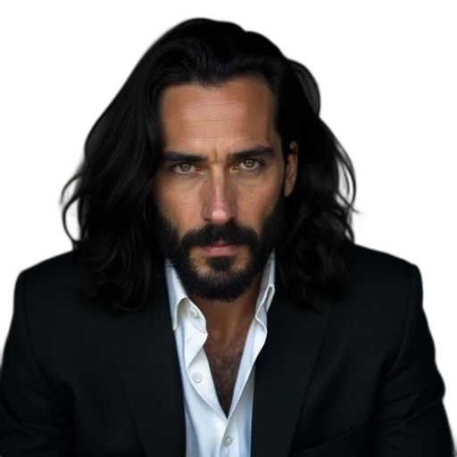 hair, jacket, face, animal, photorealistic, man, long, black transparent PNG cut-out