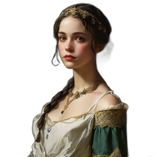 dress, jewelry, crown, face, oil painting, photorealistic, fantasy art, concept art transparent PNG cut-out