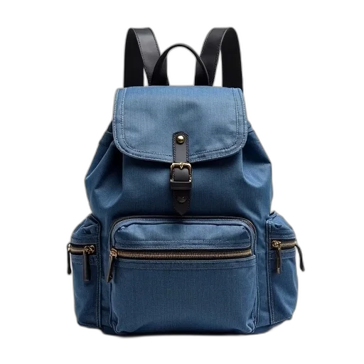 3d render, blue, dark, denim, backpack, zipper, closure, metal transparent PNG cut-out