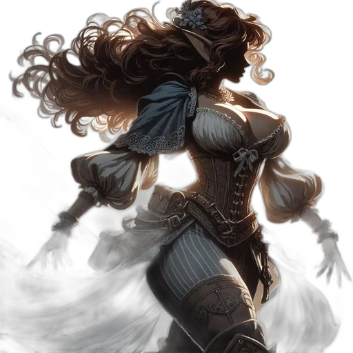 hair, dress, fantasy art, comic book art, concept art, photorealistic, dark, monochrome transparent PNG cut-out