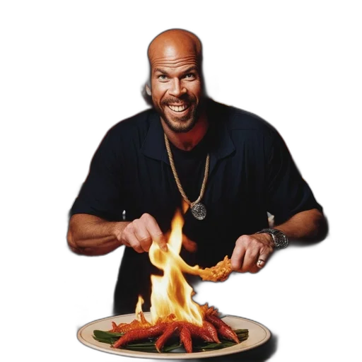 food, animal, weapon, face, photorealistic, fire, man, bald transparent PNG cut-out