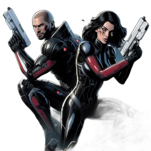 comic book art, concept art, two, futuristic, armored, figures, one, male transparent PNG cut-out