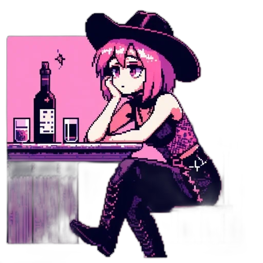 hat, bottle, staff, dress, pixel art, anime, cartoon, concept art transparent PNG cut-out