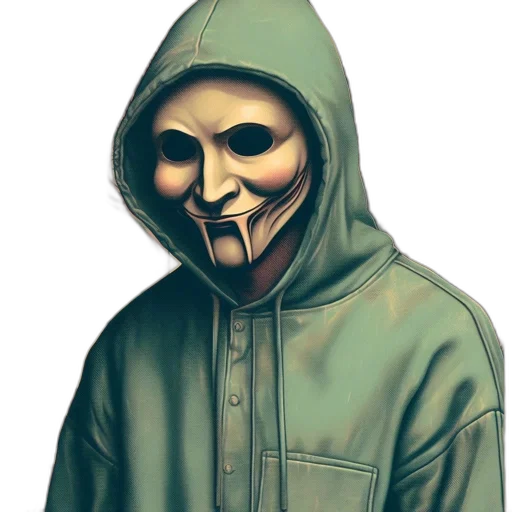 mask, jacket, face, weapon, concept art, pixel art, comic book art, 3d render transparent PNG cut-out