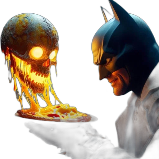 mask, concept art, comic book art, fantasy art, pixel art, batman, holds, pizza transparent PNG cut-out