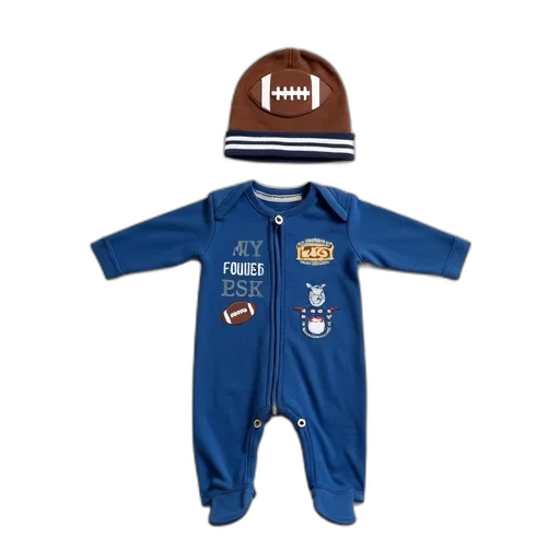 toddler, outfit, consisting, blue, onesie, football-themed, patch, front transparent PNG cut-out