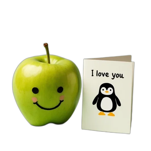 3d render, green, apple, smiling, face, drawn, sits, next transparent PNG cut-out