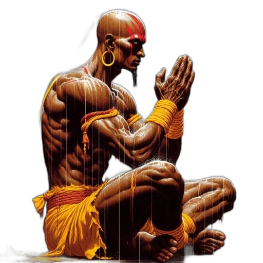 comic book art, concept art, imposing, figure, marked, red, symbols, meditates transparent PNG cut-out
