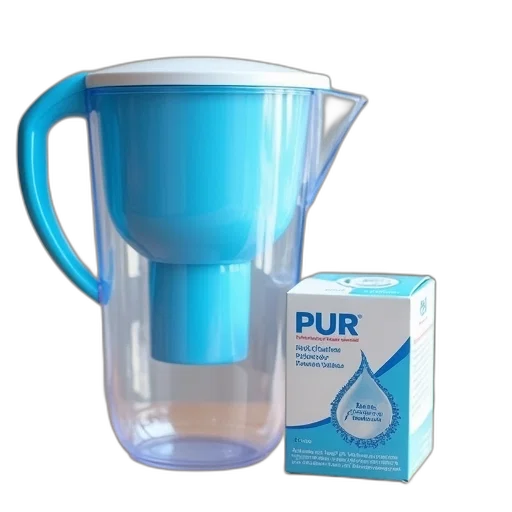 blue, white, pur, water, filter, pitcher, placed, next transparent PNG cut-out