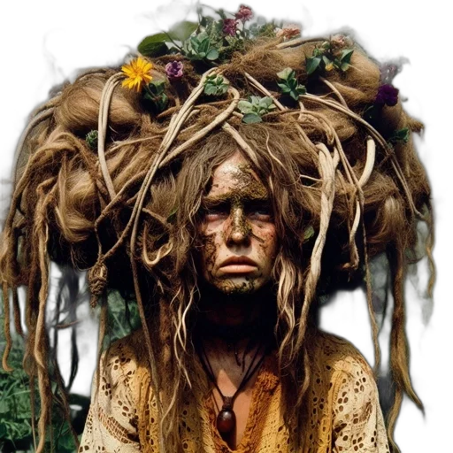 mask, hair, crown, face, photorealistic, concept art, earth tones, figure transparent PNG cut-out