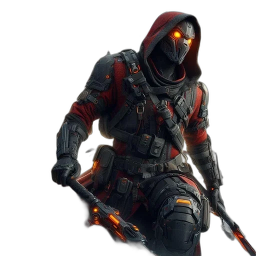 weapon, mask, jacket, concept art, cyberpunk, 3d render, red, dark transparent PNG cut-out