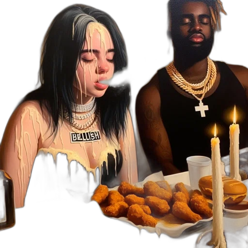 food, concept art, photorealistic, fantasy art, fire, two, people, sit transparent PNG cut-out