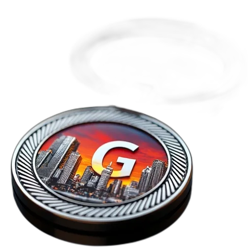3d render, silver, keychain, circular, design, featuring, cityscape, sunset transparent PNG cut-out