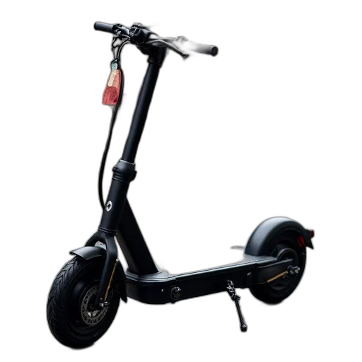 black, electric, scooter, seat, handlebars, parked, wet, asphalt transparent PNG cut-out
