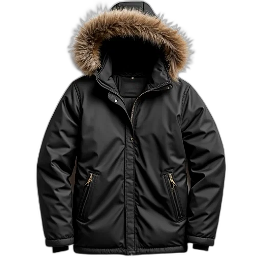 jacket, black, winter, fur-lined, hood, displayed, has, zipper transparent PNG cut-out
