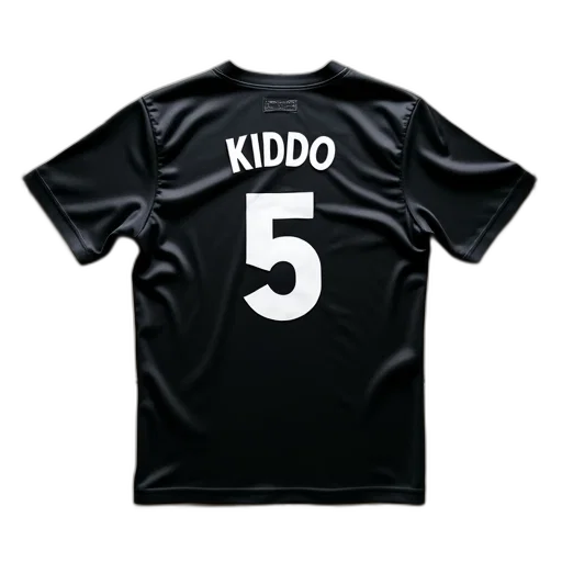 3d render, black, jersey, name, kiddo, number, laid, out transparent PNG cut-out